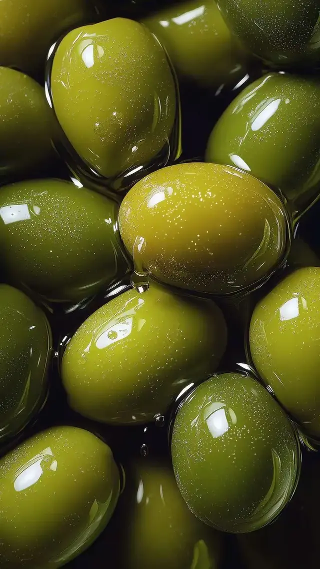 Aceitunas verdes brillantes en aceite de oliva, primer plano